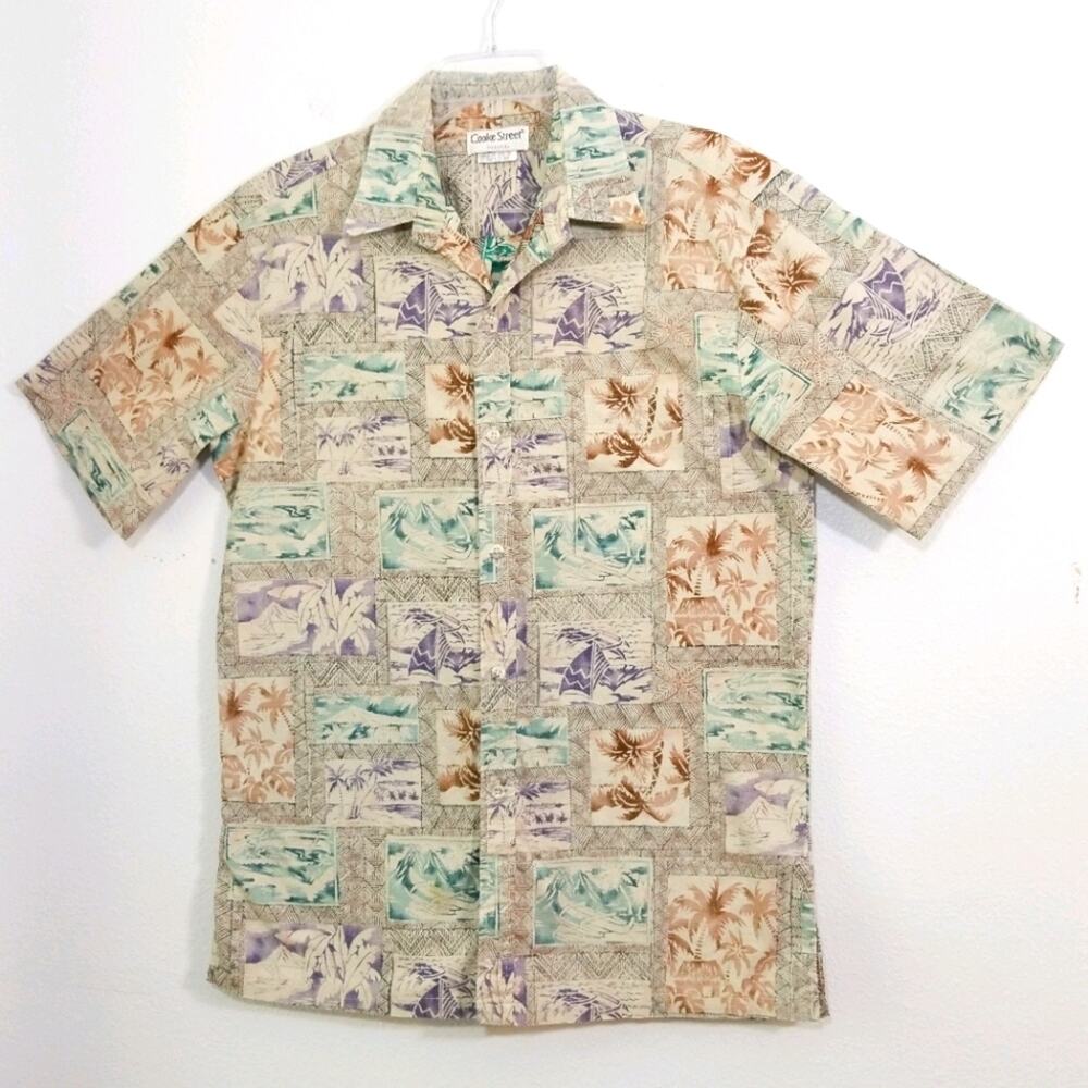 Vtg Cooke Street tribal tapa Hawaiian camp shirt M